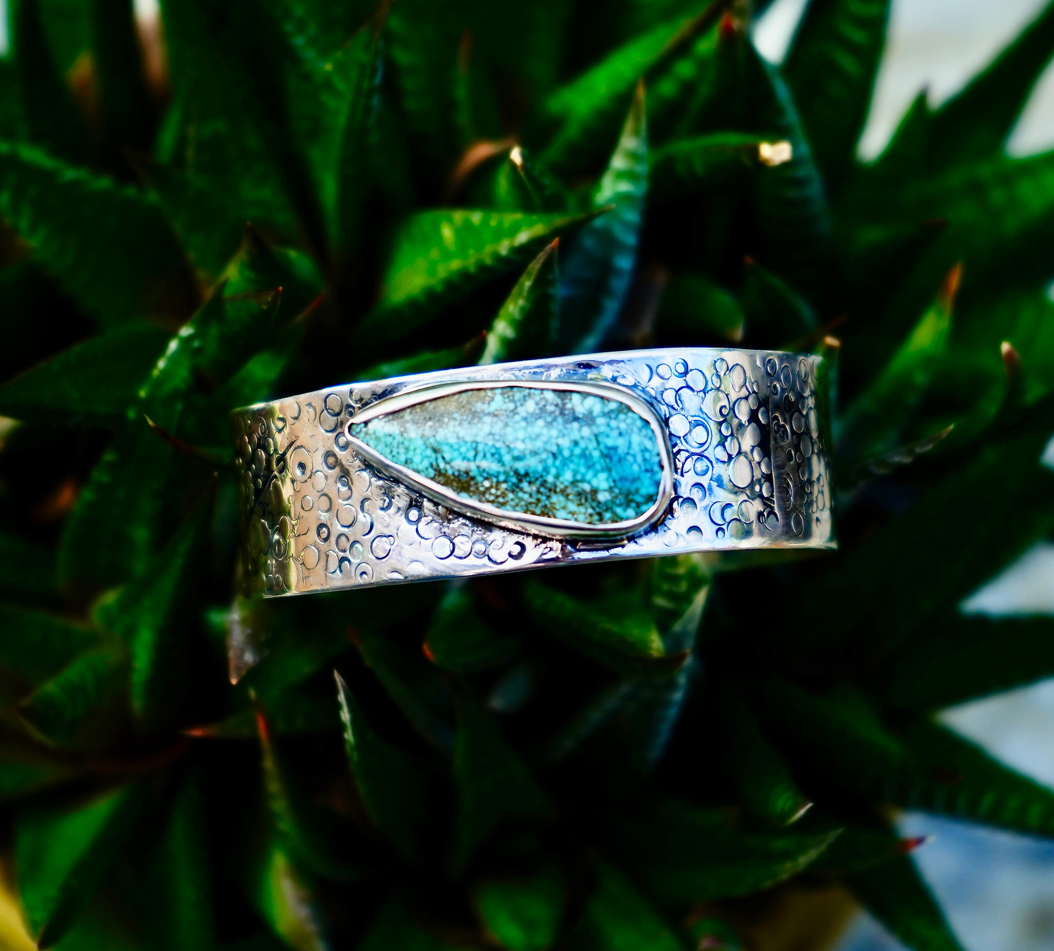 Exotic Silver and large pear shape Turquoise cuff bracelet