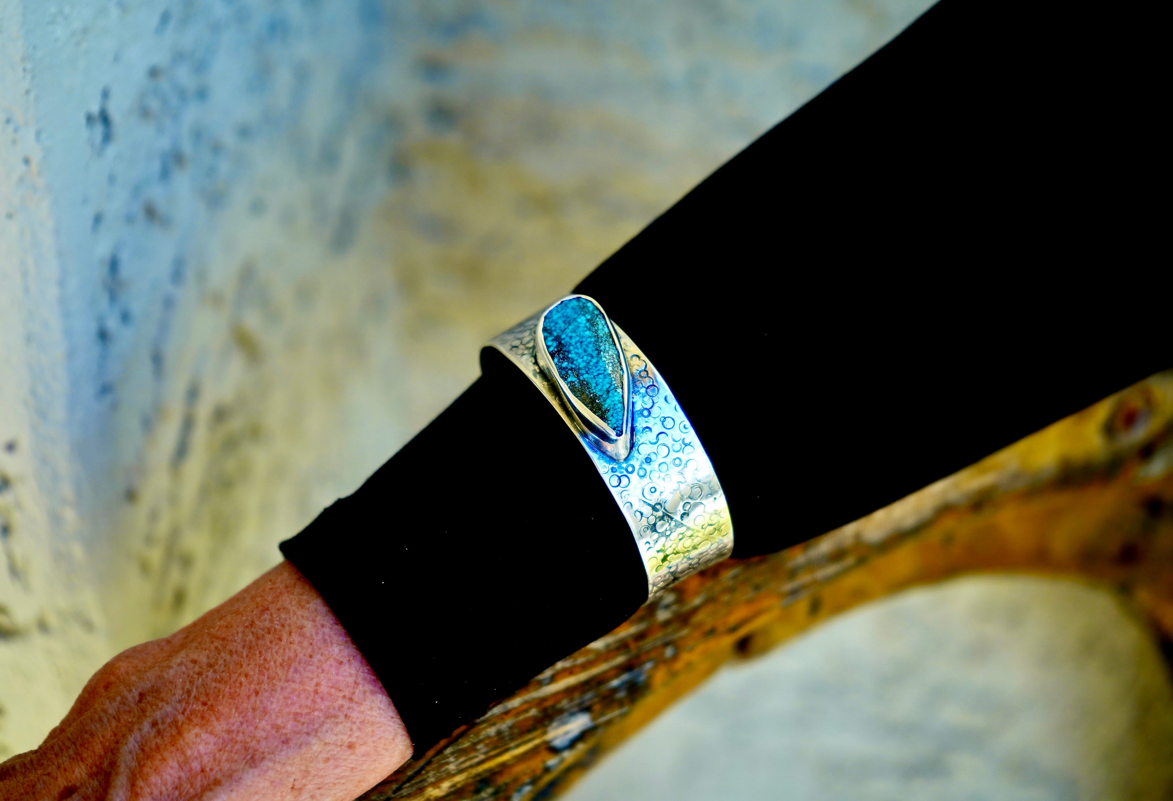 Exotic Silver and large pear shape Turquoise cuff bracelet